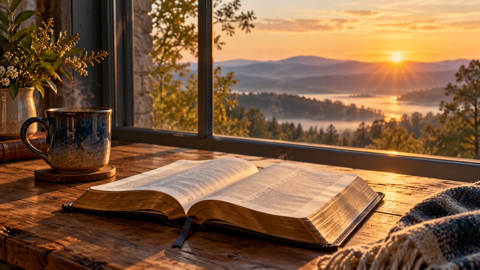 An open Bible beside a window at golden dawn